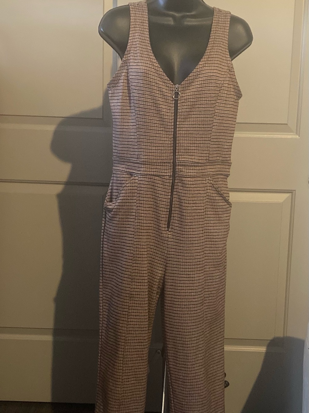 Sleeveless Plaid Zip-Front Jumpsuit in brown plaid